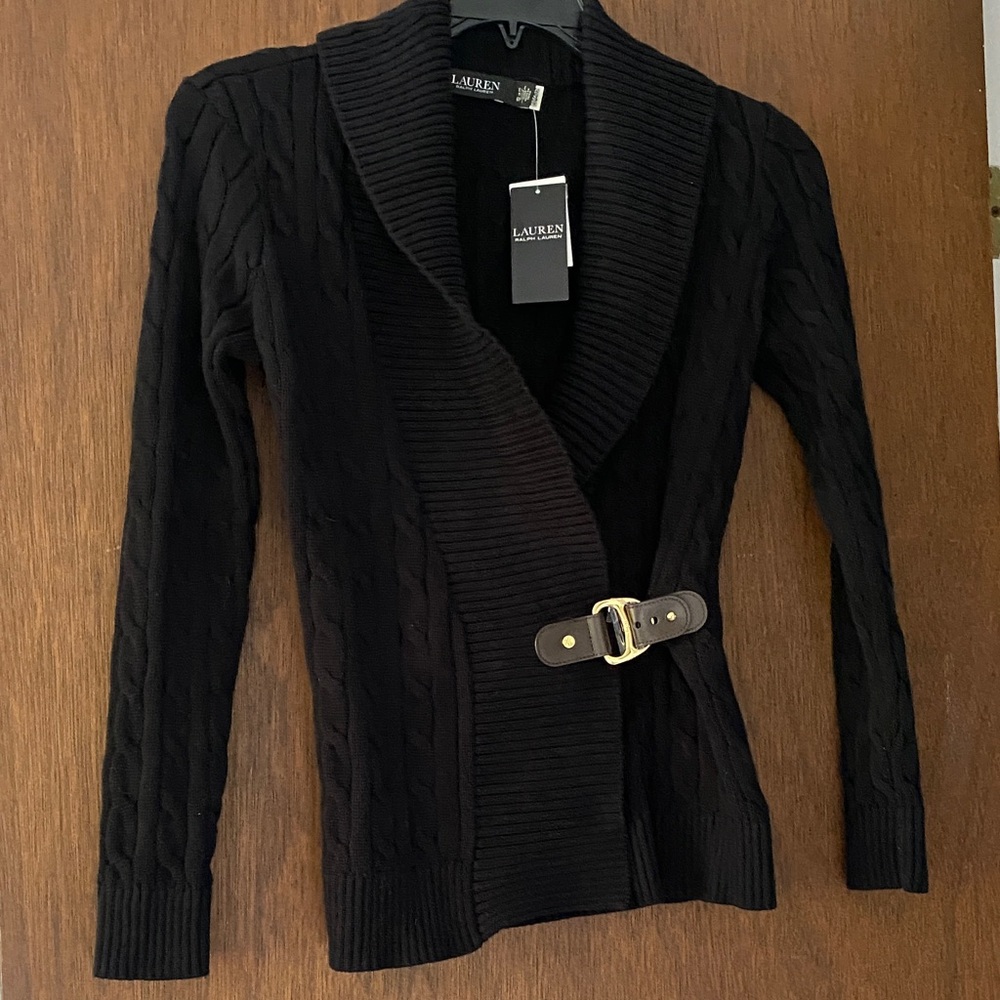 Brand New Polo Ralph Lauren Black Cable Knit Cardigan with Buckle